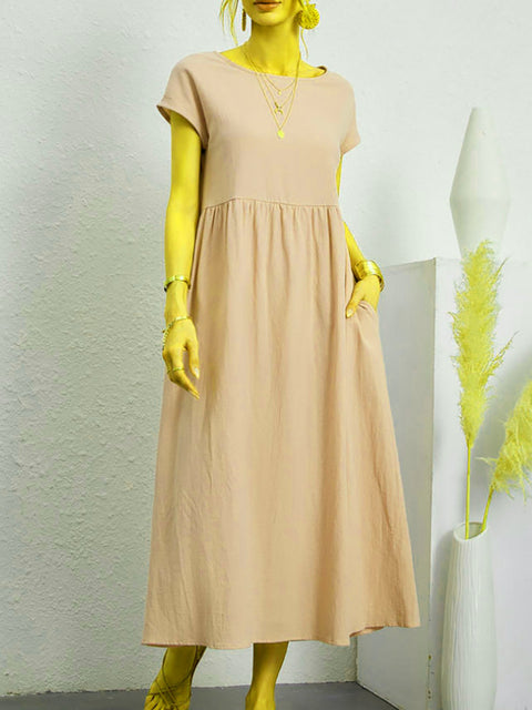 Sleeveless loose cotton and linen pocket dress m301061