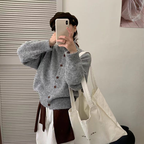 New high-necked wooden buckle long-sleeved plush cardigan jacket for women m302132