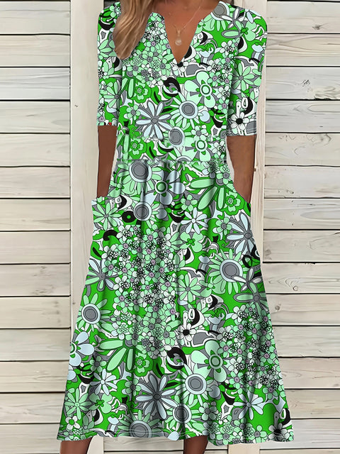 Printed V-neck elegant five-quarter sleeve dress m301208