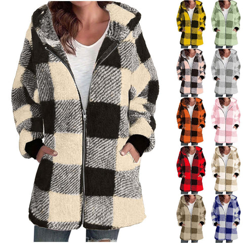 Long Sleeve Plaid Hooded Zipper Pocket Loose Jacket m302168