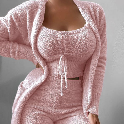 Plush three-piece lace-up pajamas set casual set loungewear m301066