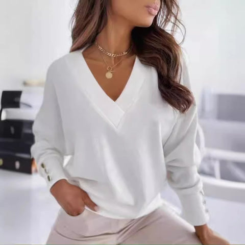 Casual loose solid color button-down V-neck long-sleeved T-shirt women's m300410