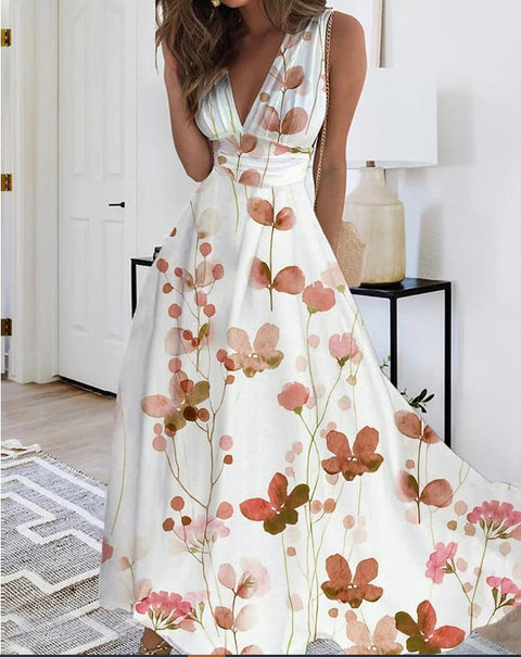 Women's new V-neck with lining high waist sleeveless printed sexy vest dress m301267