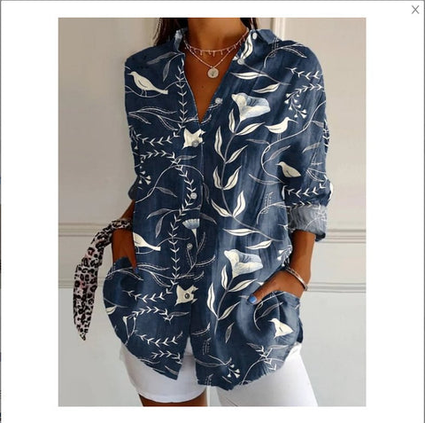 3D digital printing abstract pattern women's long-sleeved buckle linen shirt m302749-01