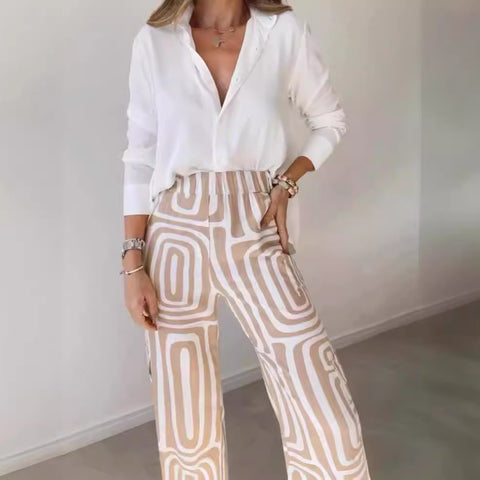 Casual suit women's high-end digital printing commuter shirt loose trousers two-piece set m301306