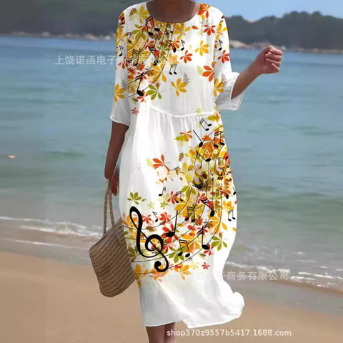 Loose crew neck fashion high-end long-sleeved printed dress m301053