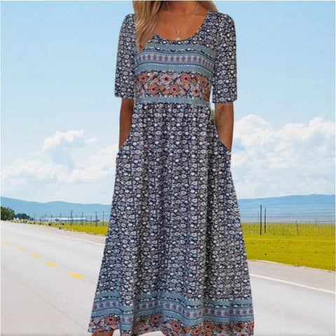Up and down splicing pocket size printing large wide dress m302623-1