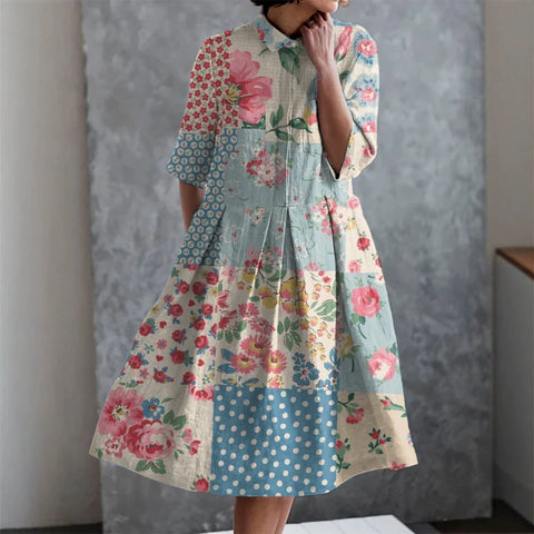 Elastisches Hanf kurzes Hemdblusenkleid, Blumenmuster, japanischer Urlaubsstil, Pendelrock m303187