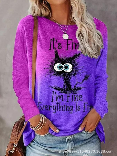 Pet cat gradual change color 3D printing long sleeve T-shirt round neck T-shirt m302928