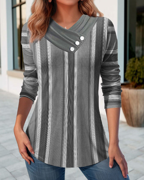 Spring and Autumn New Women's 3D Printed V-Neck Casual Long Sleeve Button T-Shirt Top m301747