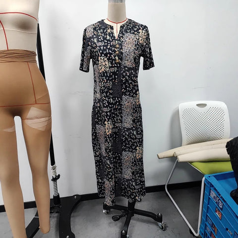 Retro style print short sleeve floral dress women m301445