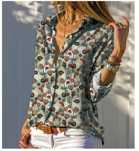 3D digital printing abstract pattern women's long-sleeved buckle linen shirt m301277