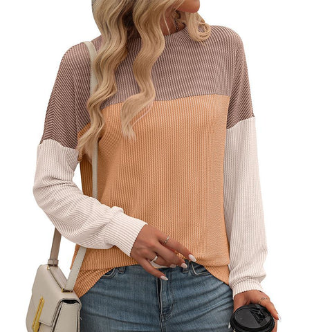 New round neck twist strip color matching long sleeve loose T-shirt women's m300963