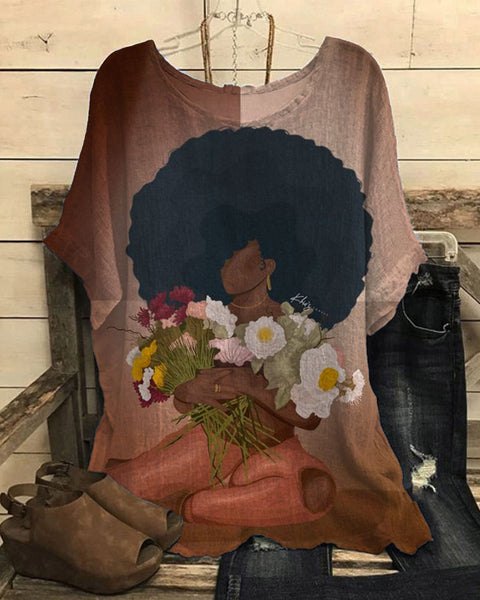 Loose round neck short-sleeved cotton and linen top women's m301281