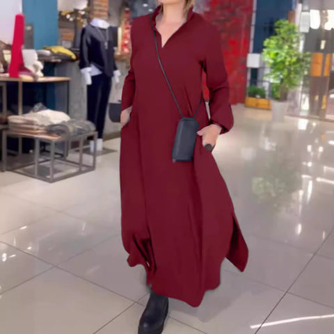 Casual solid color V-neck long-sleeved dress women's m301337