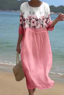 Loose crew neck fashion high-end long-sleeved printed dress m301053