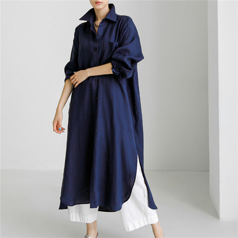 knee-length split-ended outer cotton and linen shirt solid color dress m300698