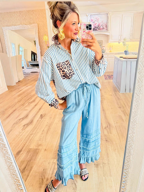 Fashion casual versatile long-sleeved leopard print splicing cardigan striped shirt top m302163