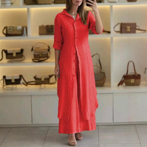 Elegant cotton and linen slim-fitting waist long-sleeved shirt wide-leg pants set m301063