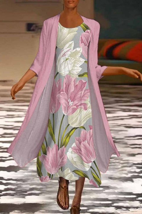 New women's long dress two-piece set flower and grass print crew neck dress m301251