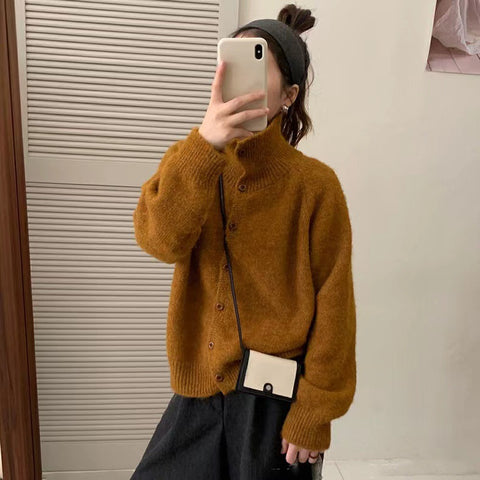 New high-necked wooden buckle long-sleeved plush cardigan jacket for women m302132