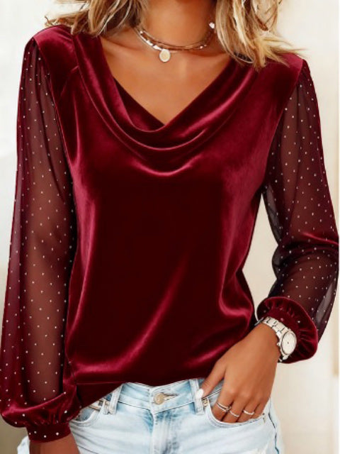 Women's solid color V-neck mesh hot diamond long-sleeved T-shirt m302227