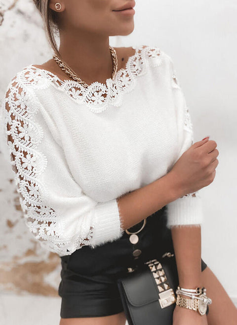Knitted sweater temperament one-word collar lace splicing sleeves m302237