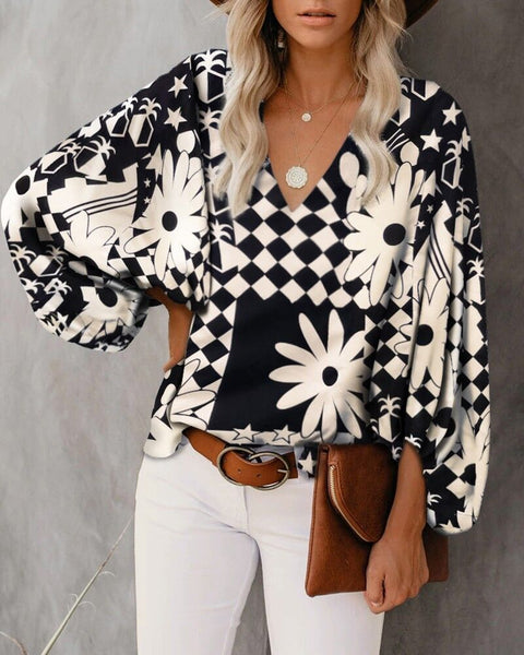 V-neck shirt printed lantern sleeve women's top m301626