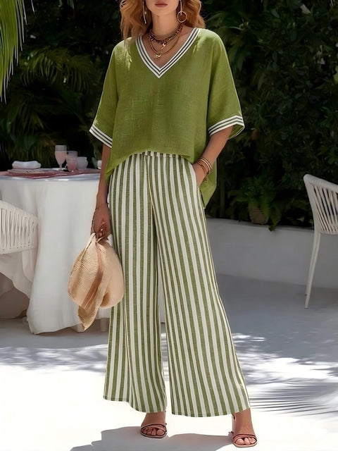 Women's casual striped comfortable loose V-neck two-piece set m302912