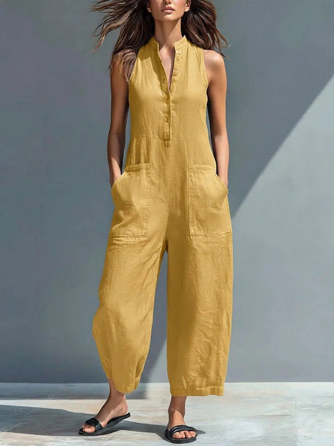 Sleeveless stand-up collar pocket jumpsuit m302843