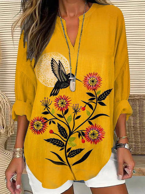 Loose 3D Printed V-Neck Shirt Long Sleeve T-Shirt m301360