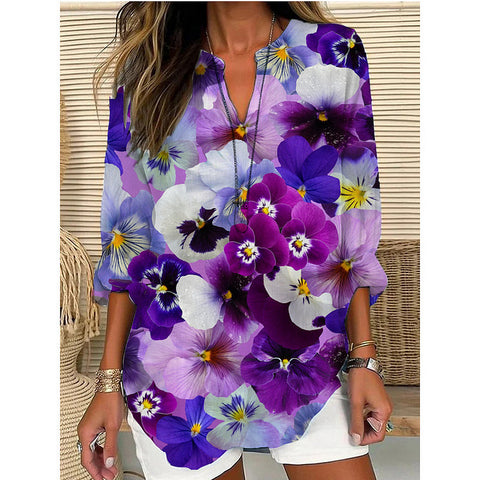 Loose 3D Printed V-Neck Shirt Long Sleeve T-Shirt m301360