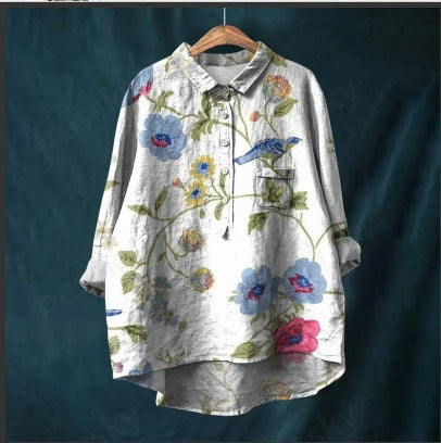 Long Sleeve Bamboo Linen Printing Fashion Versatile Lapel Shirt m301040