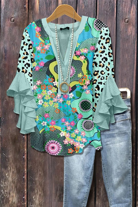 Creative floral element printing digital printing casual trend V-neck lotus edge T-shirt m301358