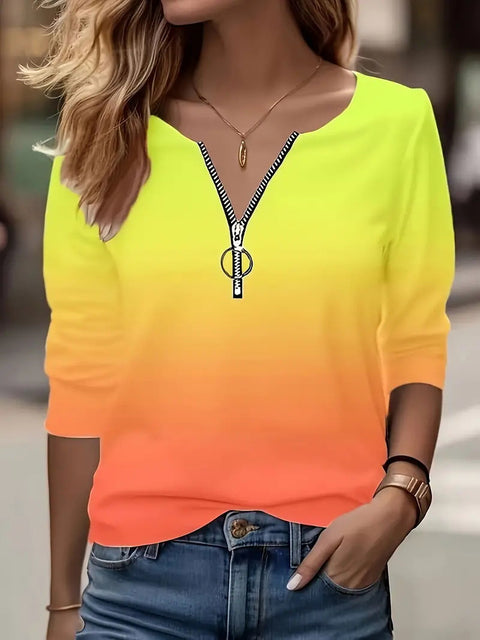 Women's Autumn Loose Design Ethnic Crew Neck Printed Zipper Long Sleeve POLO Shirt m301774