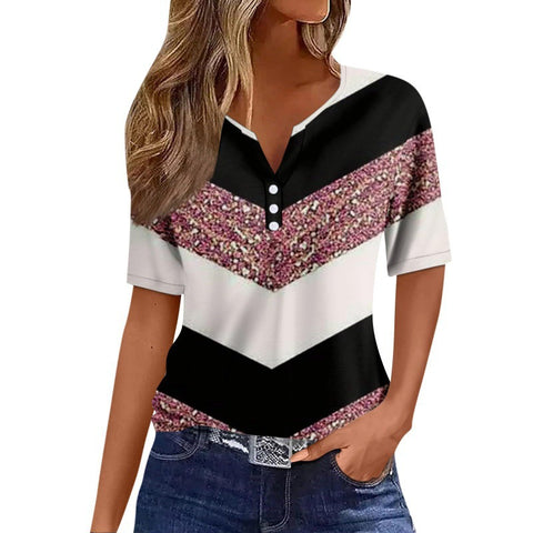 V-neck three-button 3D printed short-sleeved women's top m300617