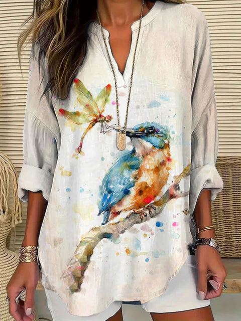 Loose 3D Printed V-Neck Shirt Long Sleeve T-Shirt m301360