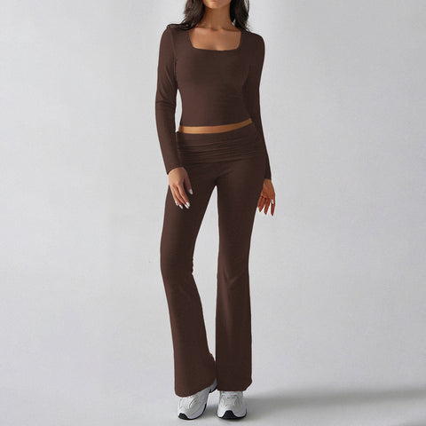 Solid color casual knitted long-sleeved top yoga suit two-piece pants set m301815