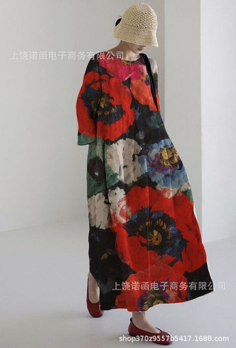 Loose crew neck fashion high-end long-sleeved printed dress m301054