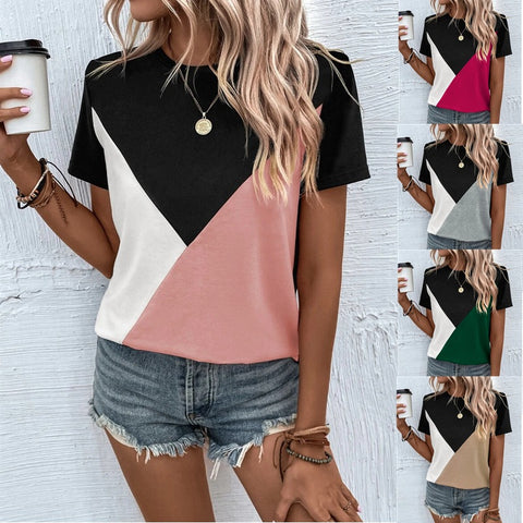New contrasting color splicing crew neck T-shirt loose casual top m302621