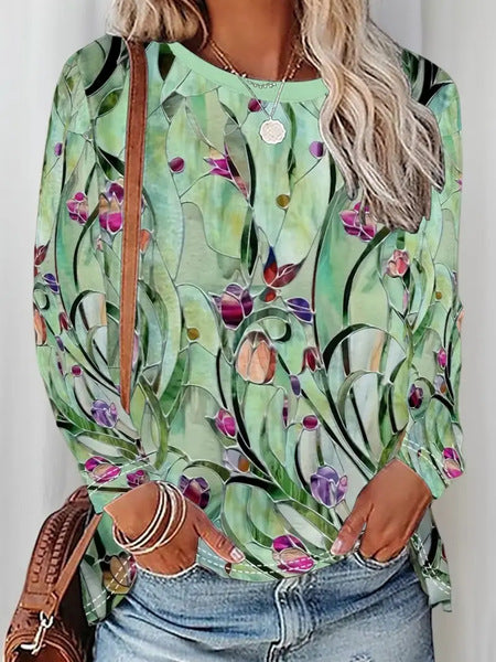 3D printed women's casual flower crew neck long-sleeved t-shirt top m301719