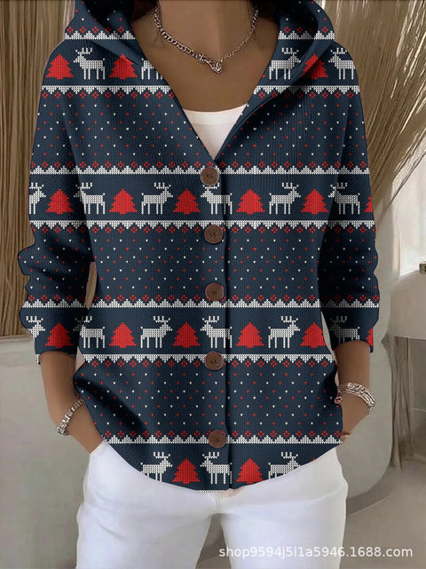 New black button hooded cardigan women's pure leisure fashion sweater jacket women's Christmas m302115