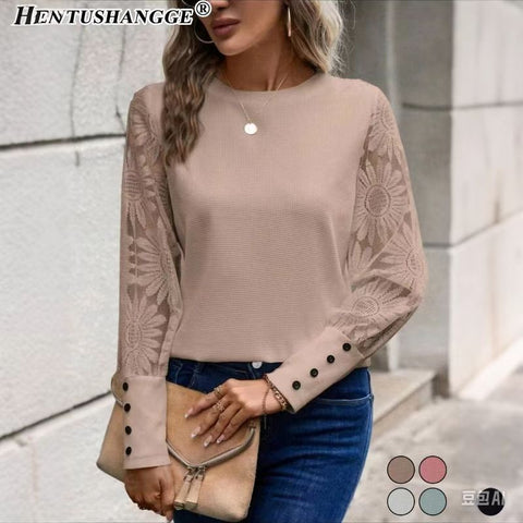 Long Sleeve Embroidered Lace Splicing Waffle Crew Neck Top m302245