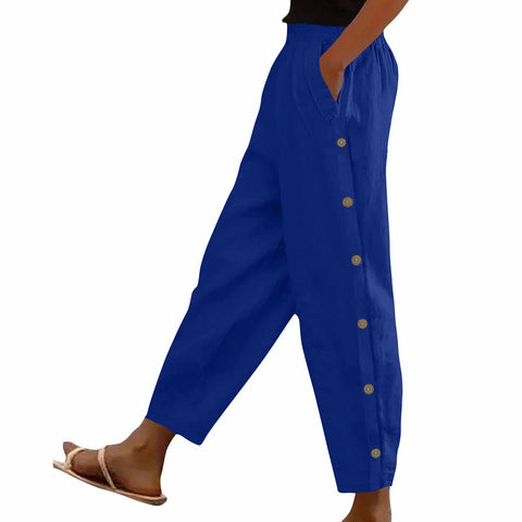Side button pocket solid color mid-waist cotton and linen casual loose trousers m302831