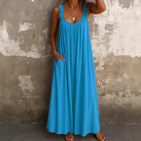 Casual suspender U-neck regular pleated multi-color women's dress m301443