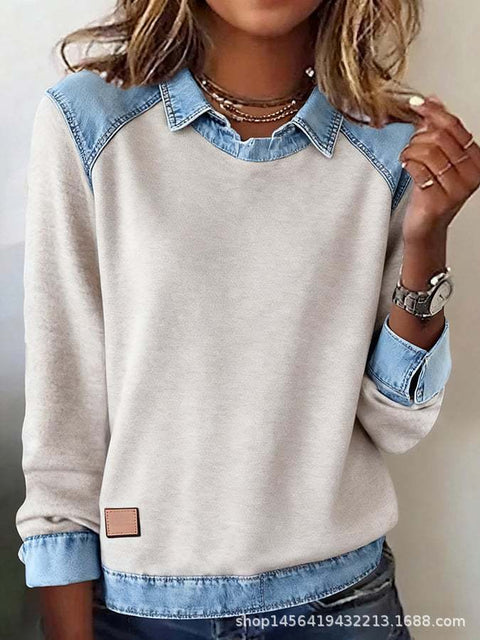 Denim collar long sleeves, pullover spliced knitted sweater top m302161