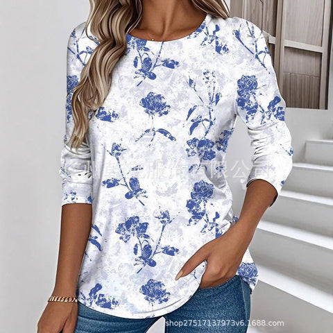 Plant and flower print casual round neck long-sleeved top T-shirt m302251