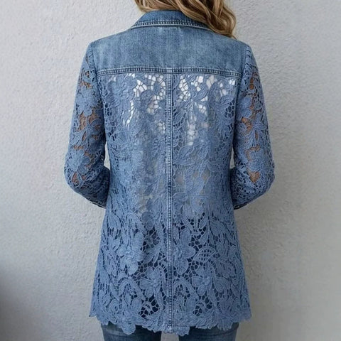 Imitation denim jacket single button medium and long gentle hollow flower lace blazer FF303300