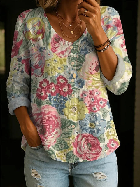 Crew Neck Women's Floral 3D Printed Women's Henley Shirt m302611