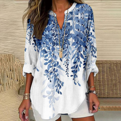 Loose 3D Printed V-Neck Shirt Long Sleeve T-Shirt m301360